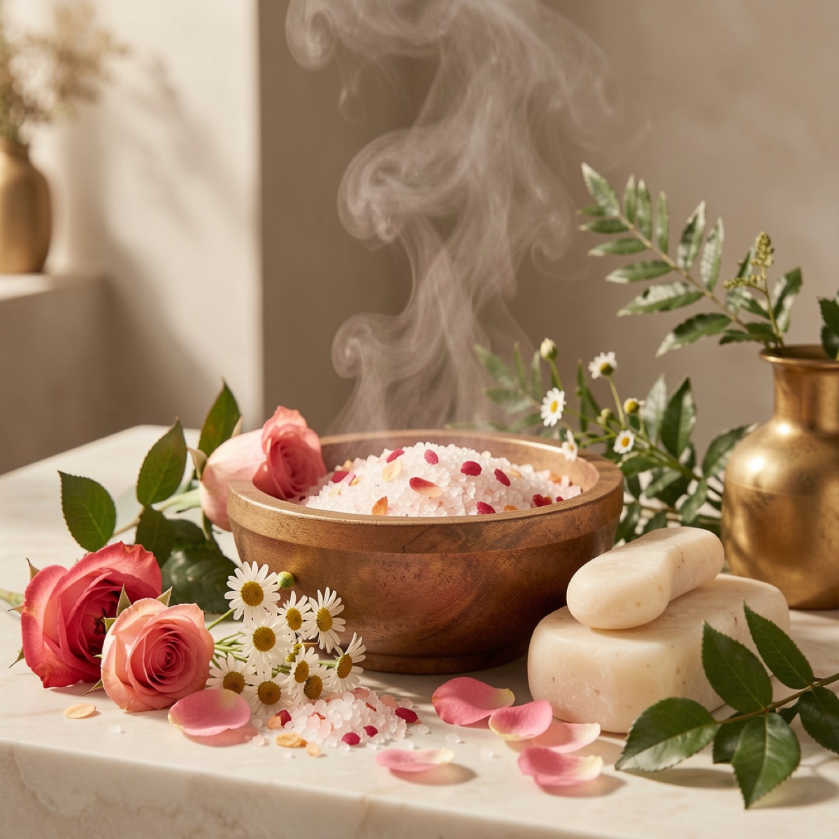 Steaming botanical bath bowl with flowers and warm ritual styling