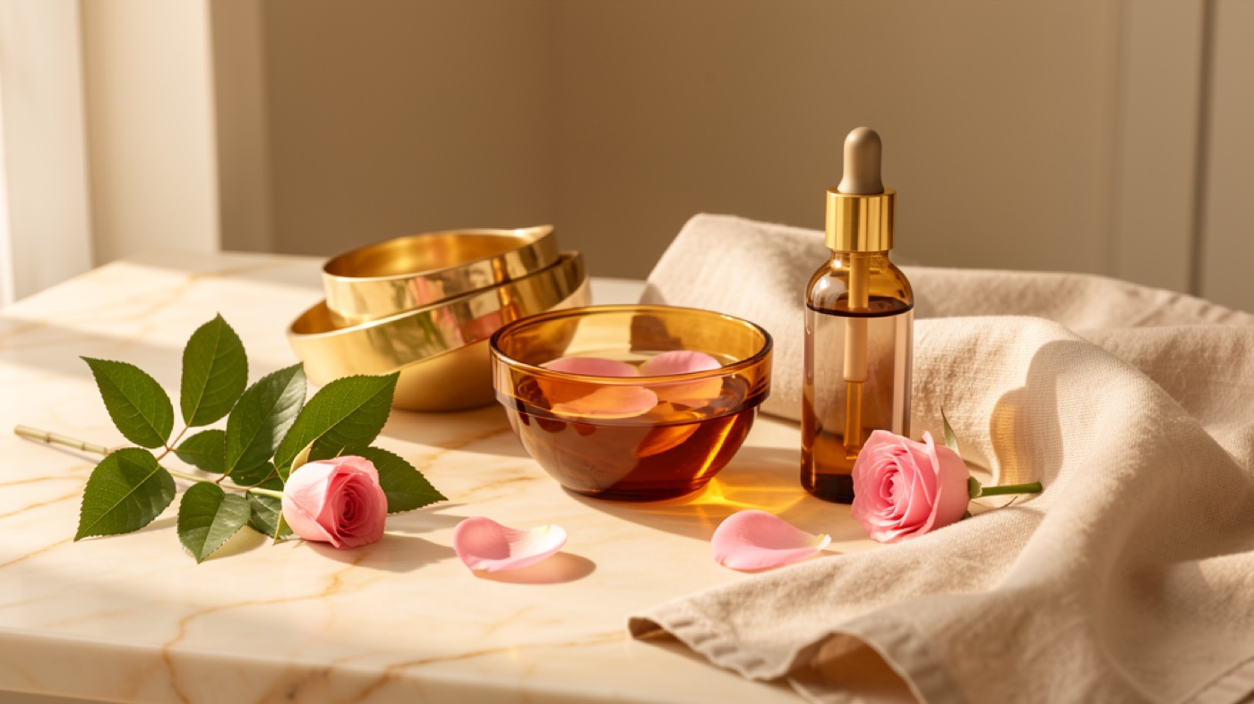 Warm botanical skincare still life with amber glass, rose, and gold tones