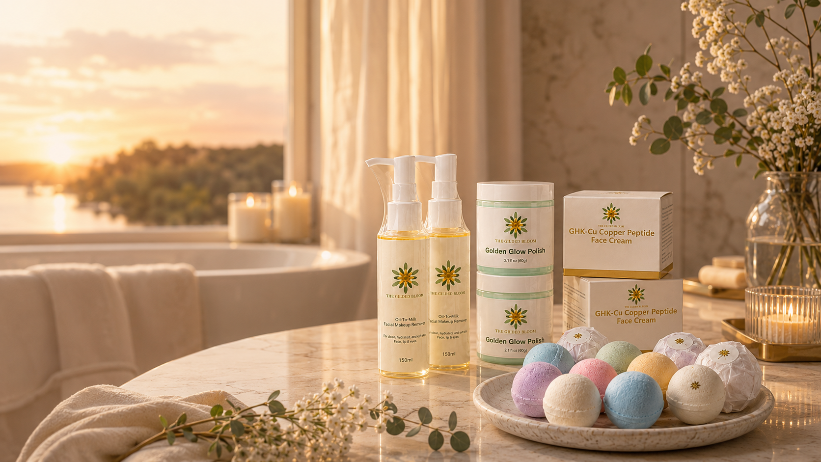 The Gilded Bloom evening reset products arranged on a warm candlelit bathroom vanity