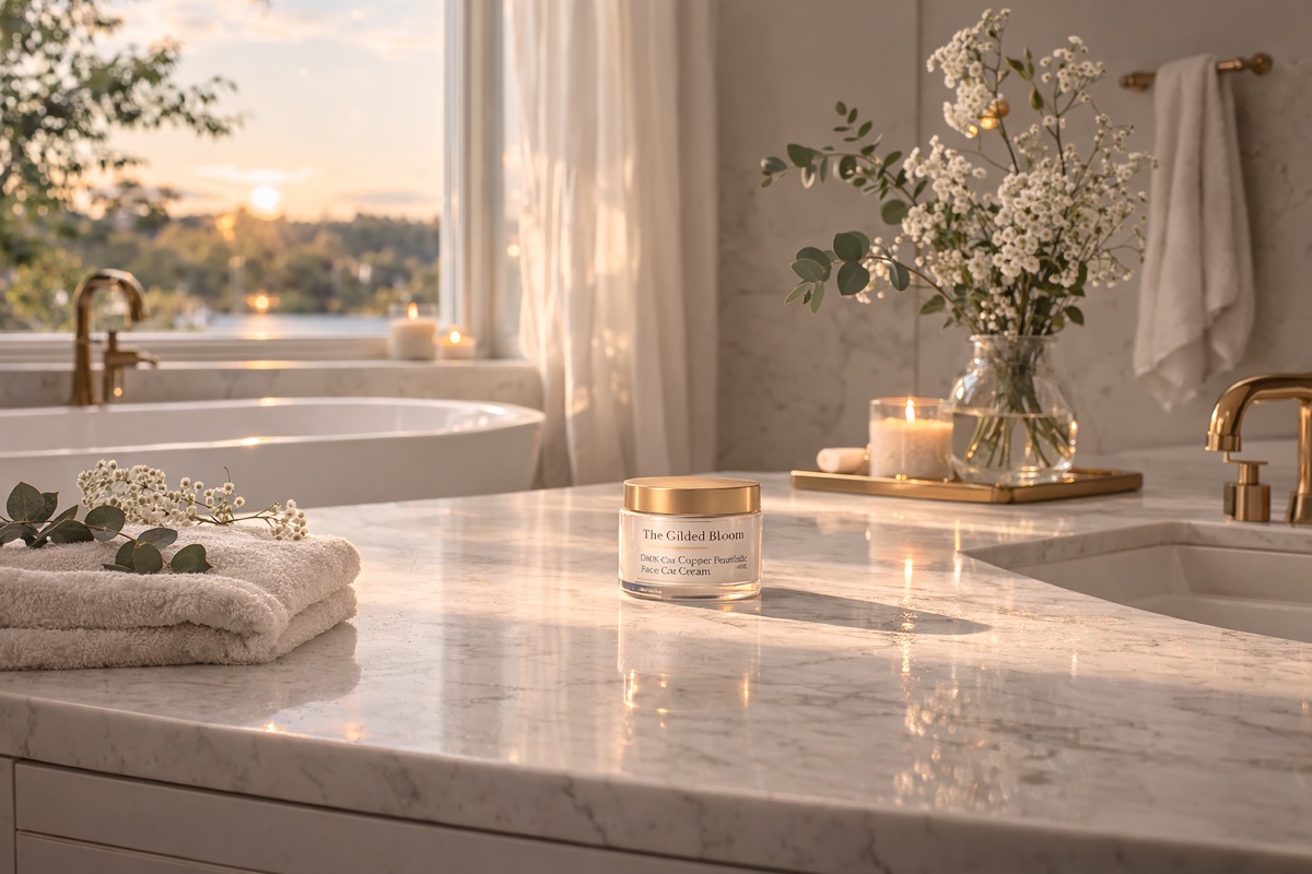 Warm bathroom vanity scene for an evening GHK-Cu face cream ritual