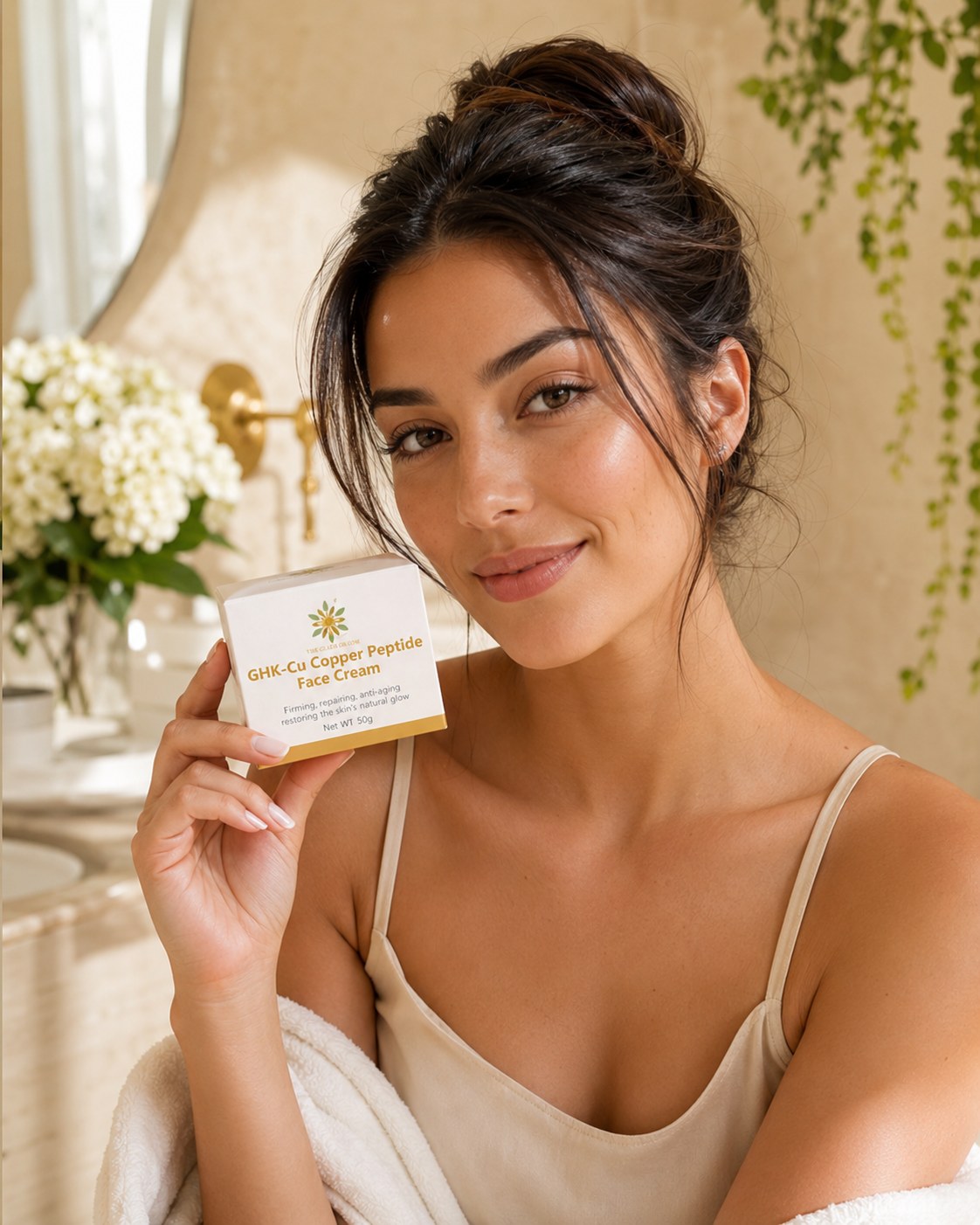Model holding Gilded GHK-Cu Face Cream in a warm bathroom ritual setting