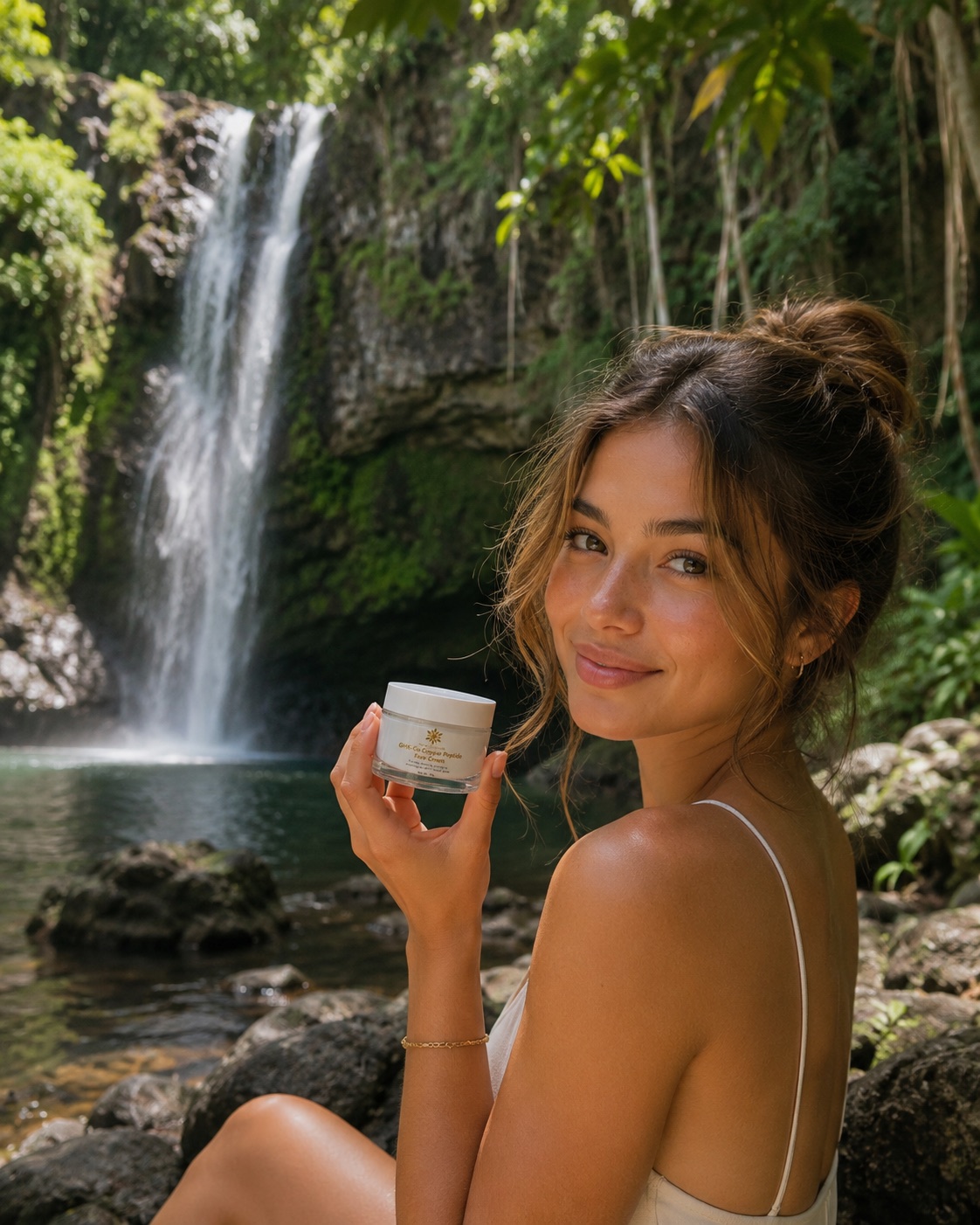 Model holding Gilded GHK-Cu Face Cream beside a waterfall
