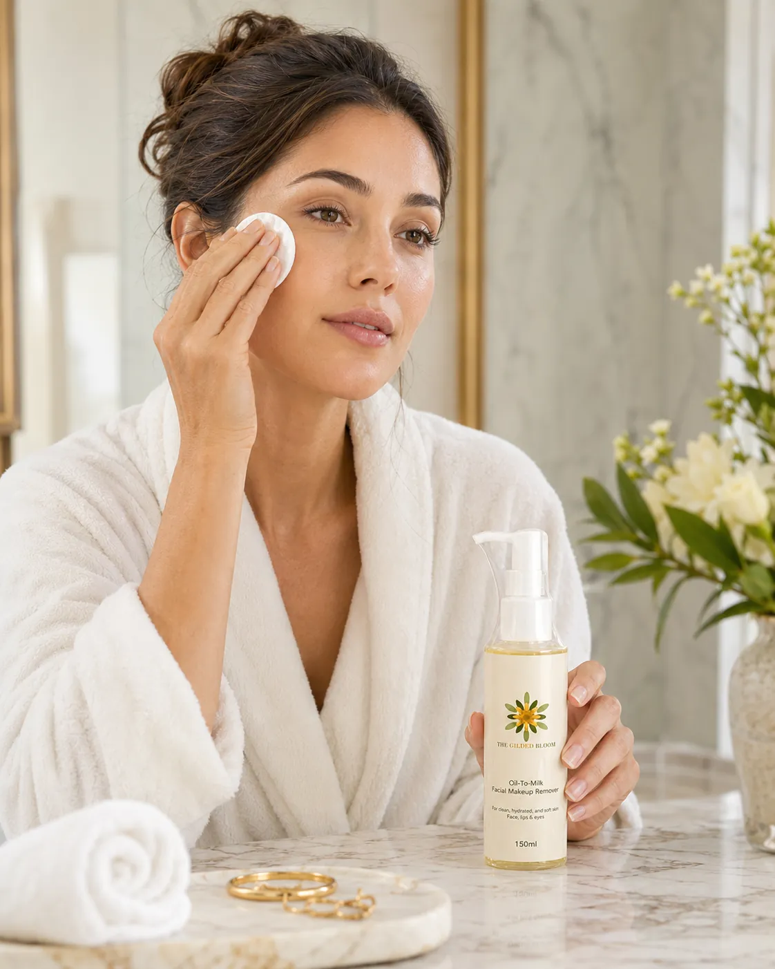 Model using a cotton pad with Gilded Makeup Remover while holding the 150 ml pump bottle
