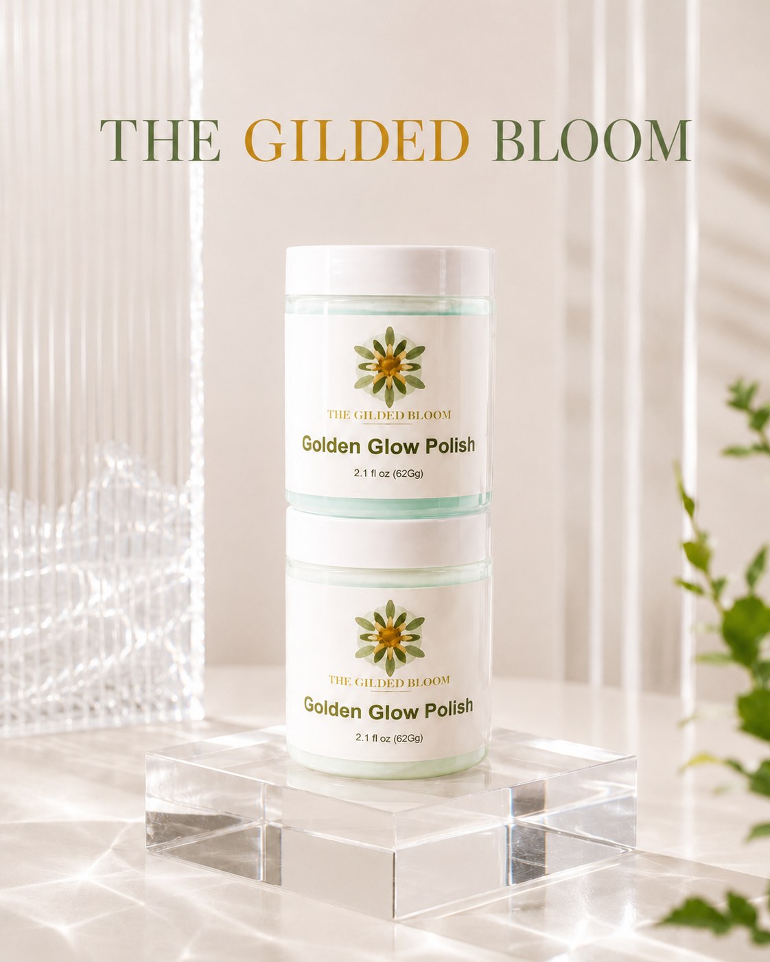 Golden Glow Polish jars stacked on a clear display in soft bathroom light