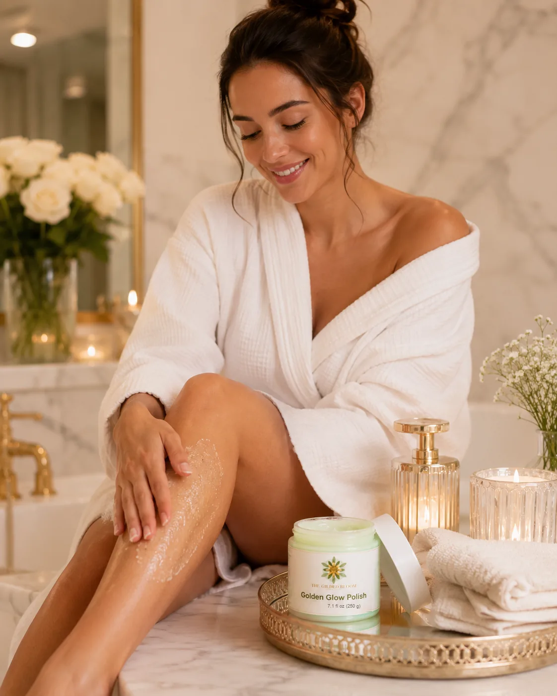 Model applying Golden Glow Polish to her leg beside the open 7.1 fl oz jar