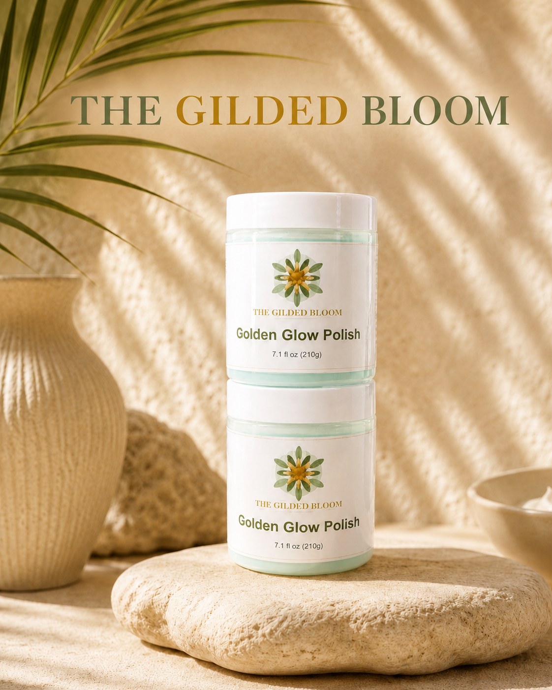 Golden Glow Polish jars stacked on a warm stone pedestal with botanical shadows